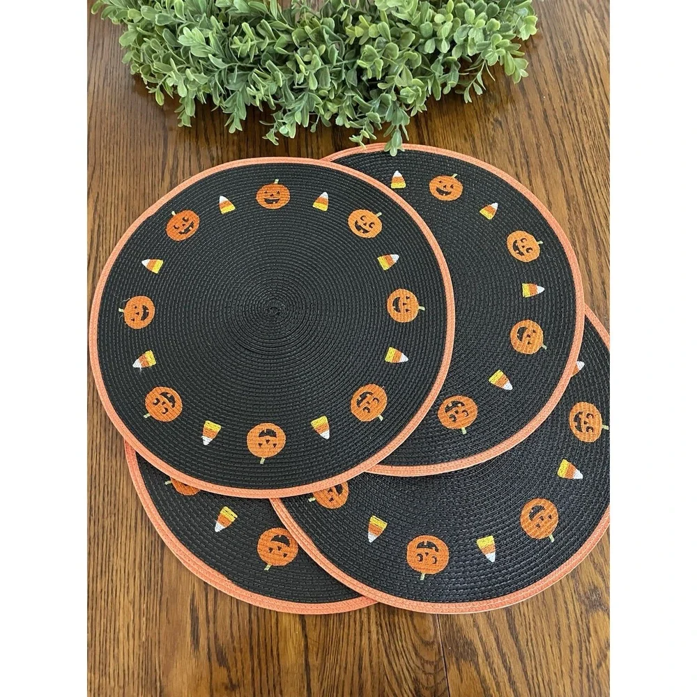 4 Pcs round Halloween Placemats Embroidered Pumpkin Candy Corn Place Mats 15